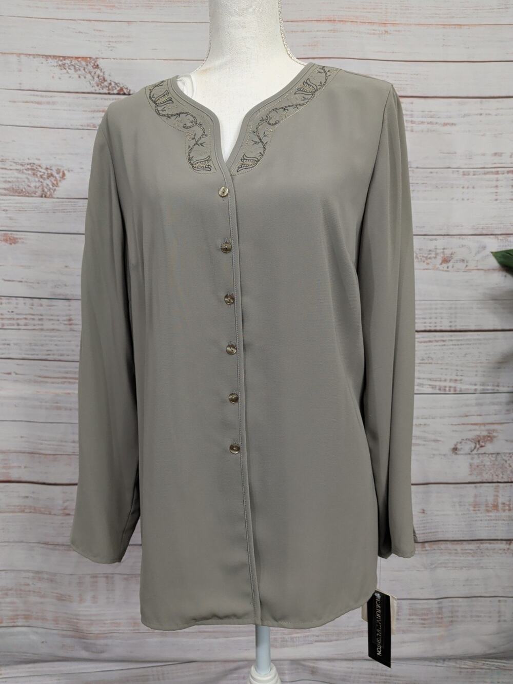 Norton McNaughton Gray Blouse – Embroidered Neckline – Measurements Size Medium